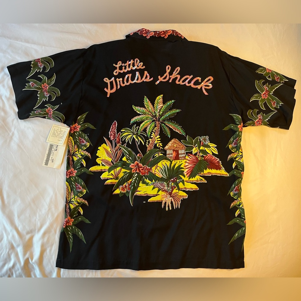 Vtg NWT FAITH womans Little grass shack rockabilly Hawaiian shirt L black sequin